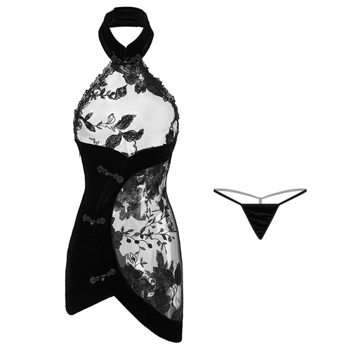 Manyan sexy lingerie sexy lace embroidery see-through backless velvet hip-covering cheongsam uniform suit 8830