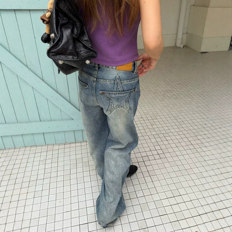 Low-Waisted Straight-Leg Star-Print Jeans with a Unique Design, American-Style Unisex Washed Retro Straight-Leg Wide-Leg Niche Design Pants