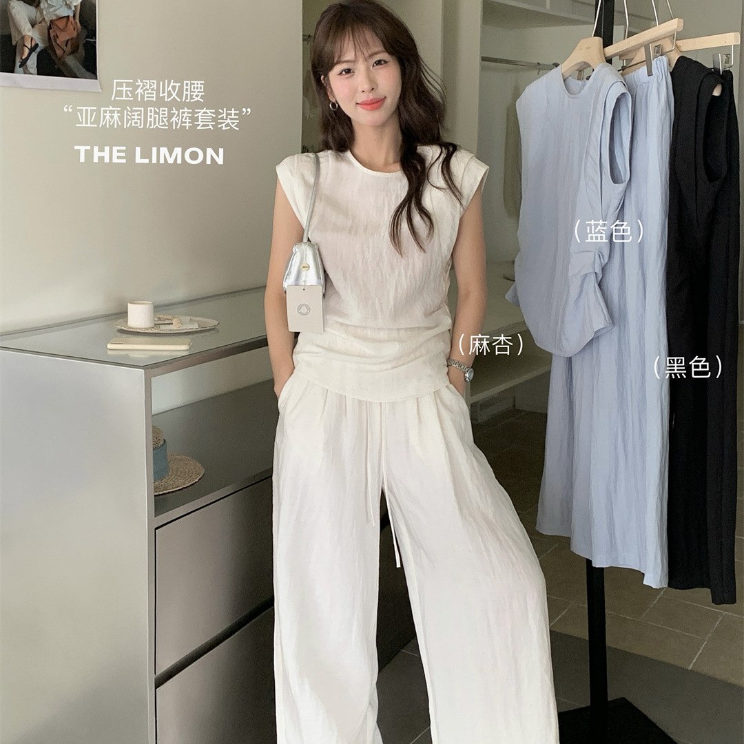 Bộ áo thun phối quần ống rộng cạp cao nữ thiết kế eo thu vải lanh mùa hè 2025 — đen, màu xanh, Mã Xinh