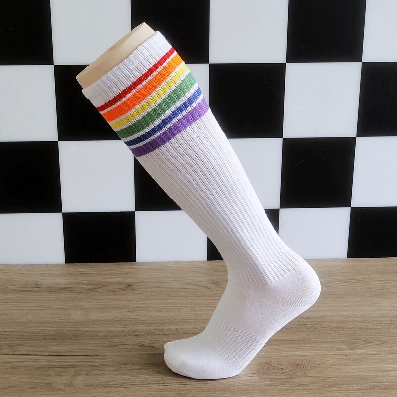 Extreme Rainbow Striped Long Sports Socks Men's and Women's Socks Volleyball Socks Running Fitness Students Calf Knee Socks Thin