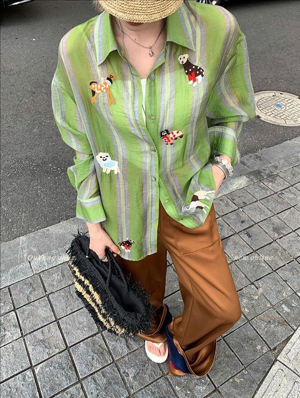 欧阳小狗刺绣轻薄防晒衬衫女夏季设计感小众复古衬衣宽松上衣|undefined