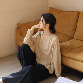亚麻混纺女式针织衫2026新款宽松修身简约百搭气质上衣新中式v领