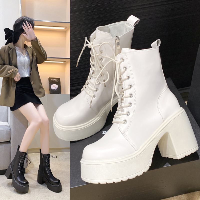 Round-Toe High-Heeled Lace-Up Martin Boots for Women, Chunky Heel 2025 Thick-Soled Ankle Boots for Petite Women, New Autumn and Winter Boots for Women with Wide Feet