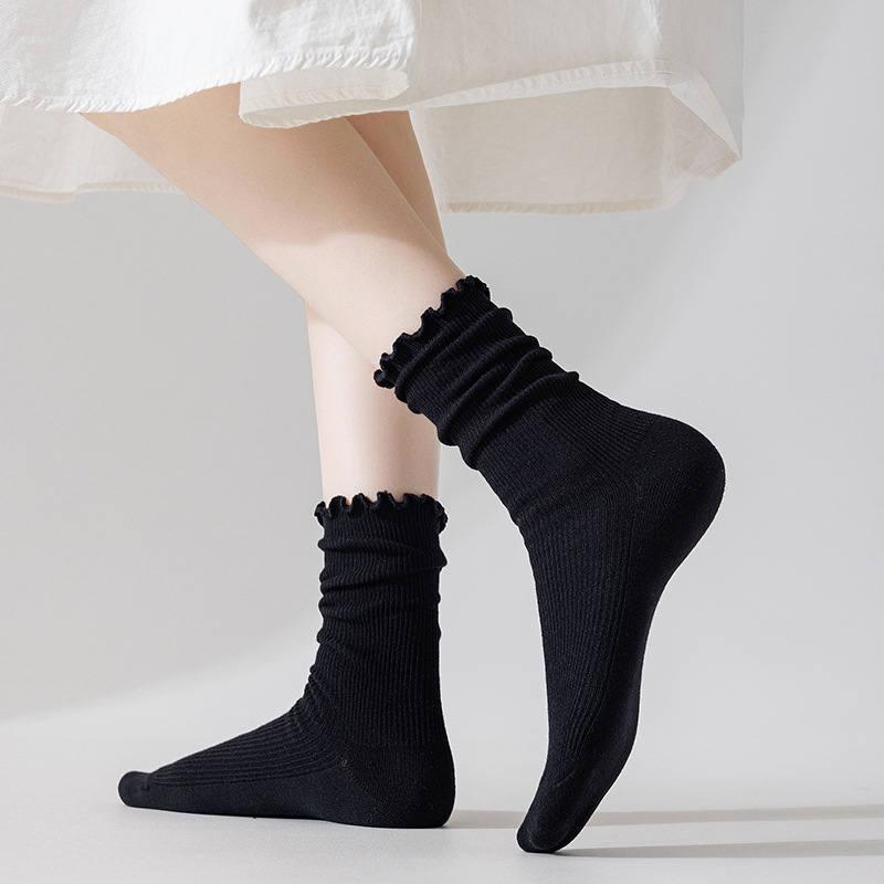 Neue Herbst- und Wintersocken mit Holzohrrand für Damen, Socken mit Holzohrrand in der Mitte, alle passen zu einfarbigen Einschlusssocken, hohe Schlauchsocken für Damen_voghion.com