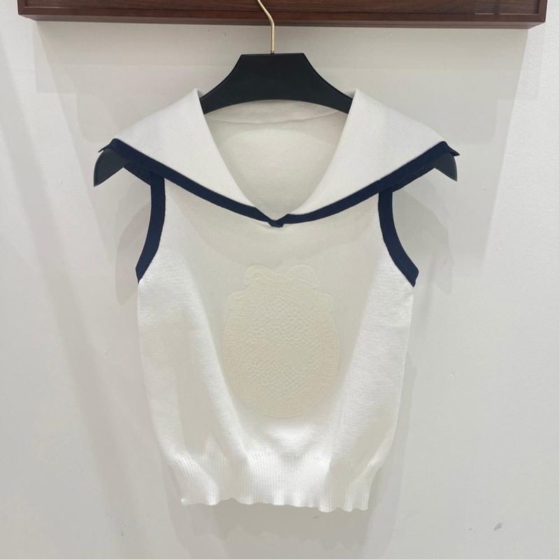 Trendy Brand Knitwear with D-Brand Lettering, Water-Soluble Lace Decoration, Sailor Collar, Sleeveless Vest, Slim-Fit Versatile Women's Top, New Style
