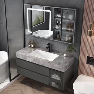 Light luxury solid wood bathroom cabinet seamless stitching all -in -one household -shaped hand washing pot washbasin smart mirror cabinet combination