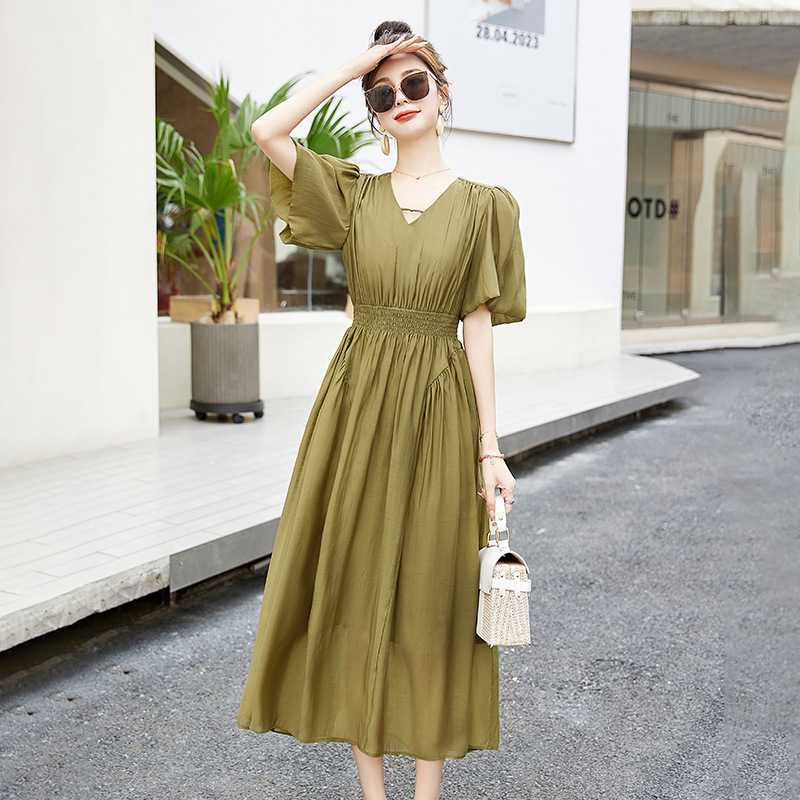 in stock summer new V-neck waist slimming solid color fresh large skirt long dress YE6082
