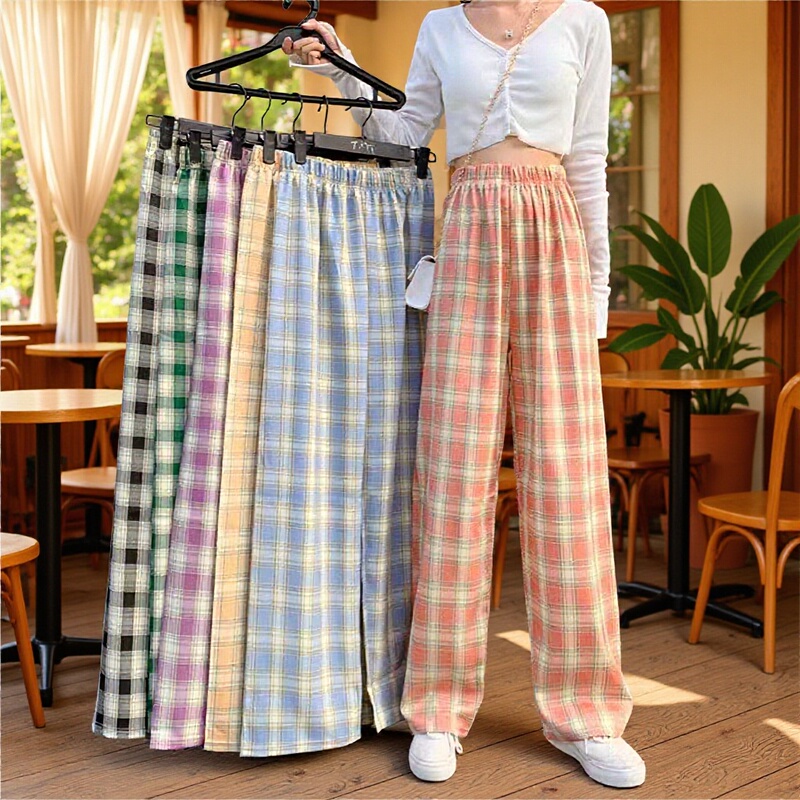 Thin Plaid Pants for Women, Autumn Season, Drapey Straight-Leg Pants, Pink Loose-Fitting Petite Sleep Pants, High-Waisted Plaid Wide-Leg Pants