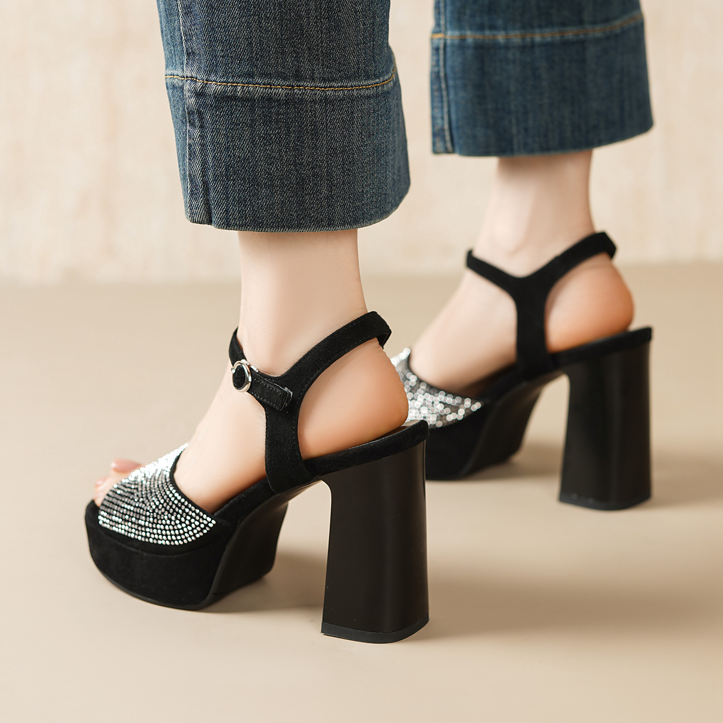 Sandal cao gót nữ hở mũi quai ngang khóa gót 12 cm — đen chi tiết 13