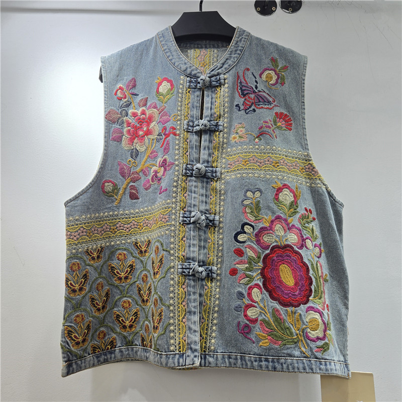 Retro bordado chaleco de vaqueros de flores de primavera y verano de mujeres nuevo chaleco suelto 2026 nuevo chaqueta de hombro de estilo chino de moda