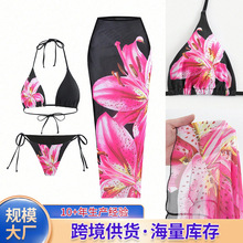25新款外贸跨境性感比基尼三件套泳衣女魅力百合定版印花运动户外