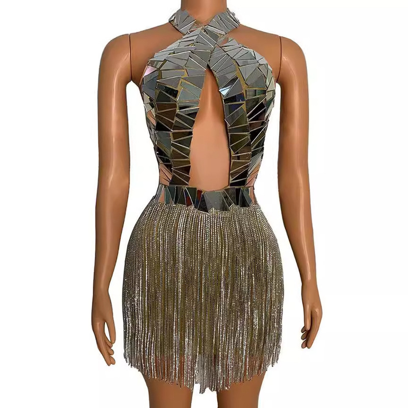 2024 Women's Fashion Clothing Sexy Deep V Diamond Tassel Backless Sequin Prom Dress Party Silver