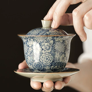 景德镇缠枝莲青花三才盖碗茶杯老陶泥功夫茶具单个高档陶瓷泡茶碗