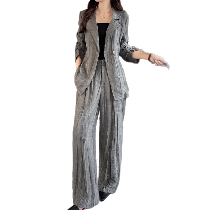 GraceChic Fashion Casual Suit per donna 2025 Blazer slim fit con taglio diagonale e plissettato, pantaloni lunghi, set due pezzi_voghion.com