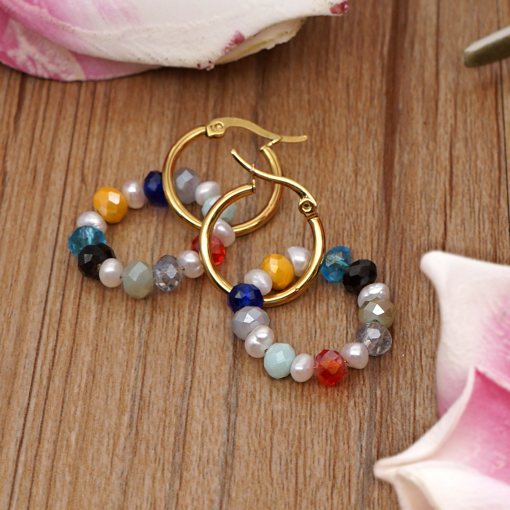 Bohemian Style Pearl Crystal Hoop Earrings display picture 4