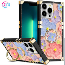 适用iPhone16 17promax方形油画花朵三星A15 A56手机壳±镶钻支架
