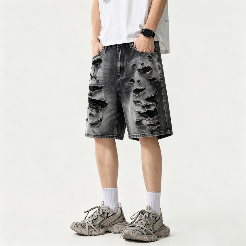 New Style Dark Style Denim Shorts for Men, American High Street Style, Black and Gray, Distressed, Multi-Layered, Large Holes, Loose Straight-Leg Five-Point Pants