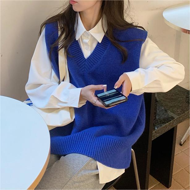 Japanese-Style Layered Vest Knit Pullover Solid Color Sweater Soft and Cozy Outerwear College Fashion Gentle Outerwear Sleeveless Top for Women