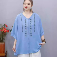 2024夏季新款天丝棉麻绣花V领文艺简约百搭纯色T恤民族风上衣女