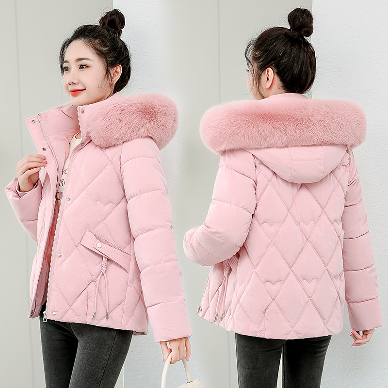 2024 ropa de invierno nueva chaqueta de algodón de pluma delgada con capuzas de cuello de cabello grande chaqueta de algodón de mujer chaqueta corta de algodón gruesa