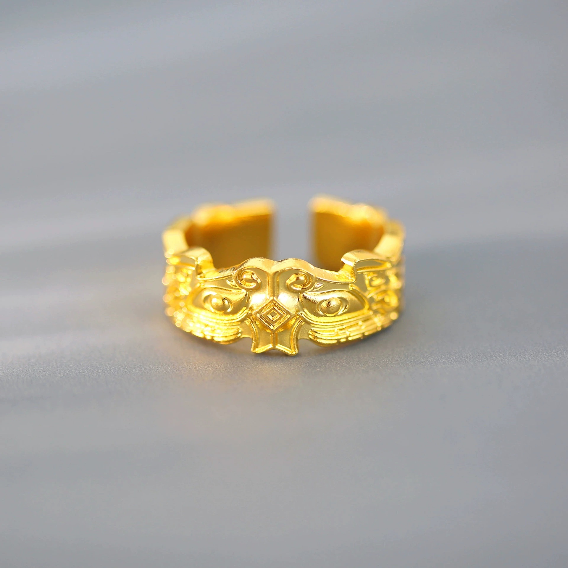 Позолоченное серебряное кольцо Zhou Baina с открытой маской, кольцо для пары, властное ретро-кольцо для мужчин и женщин, кольцо для пары-JPJZ0043