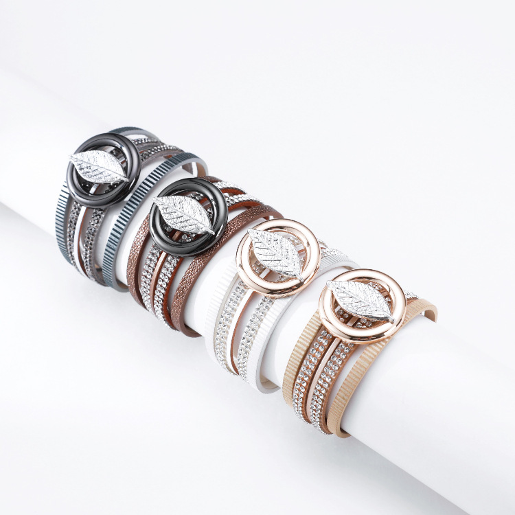 Bohemian Multilayer Hot Rhinestone Leaf Leather Bracelet