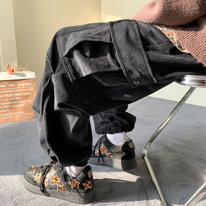 Pantalones de pana para hombre marca de moda americano retro gran bolsillo con pies, monos, pantalones casuales sueltos con cordón de primavera y otoño