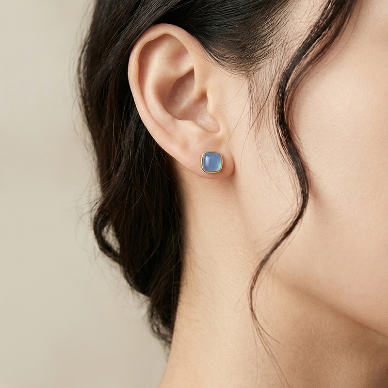 Khuyên tai nữ bạc S925 đính đá aquamarine hình vuông phong cách tối giản — Bạc