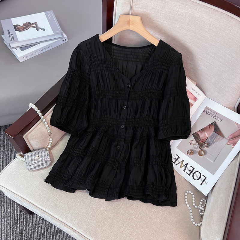Summer V-neck all-match shirt pleated fashion design temperament waist slimming foreign style top French belly covering