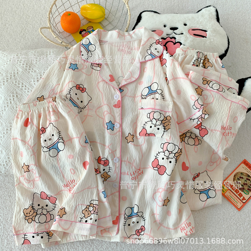 Pajamas de tres piezas de torta de oso para mujeres de verano, pantalones de manga corta, nubes de algodón adorable, viento en 2025 nueva ropa para el hogar