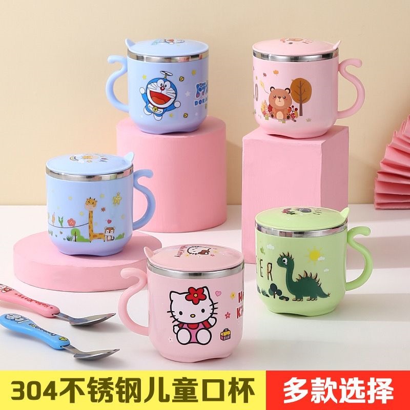 304 stainless steel children's water cup, anti-scald, anti-drop, cartoon design with lid, milk cup, household straw cup, food grade