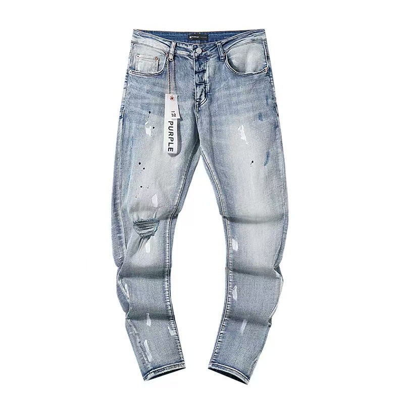 High-Quality Am Foreign Trade Style Punk Retro Blue Ripped Slim-Fit Stretch Printed and Dyed Skinny Men's Jeans