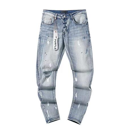 High-Quality Am Foreign Trade Style Punk Retro Blue Ripped Slim-Fit Stretch Printed and Dyed Skinny Men's Jeans