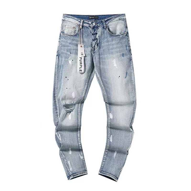 High Version Am Export Style Punk Retro Blue Ripped Slim Stretch Printed and Dyed Men's Jeans Trendy