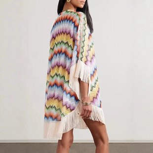 Color Chevron Tassel V Neck Cover Up Dress �ʼy���K�ȼٶ�ȹ