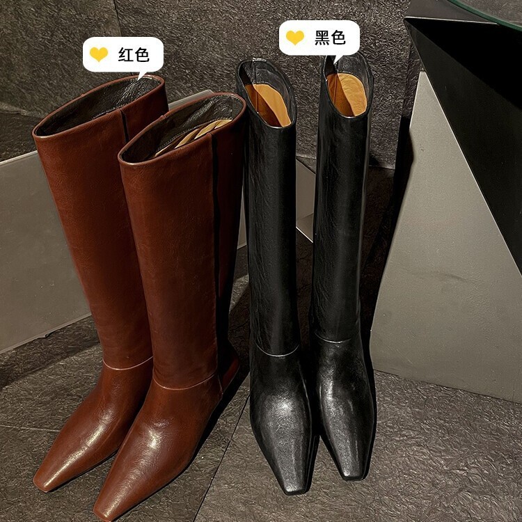 European and American style kitten and full leather knight boots 2024 autumn black leather wide tube around a pedal sleeve boots for women