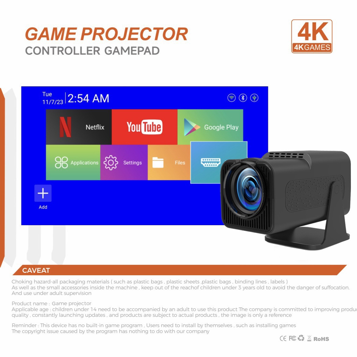 Proyector de consola de juegos transfronterizo HY320 con mango Proyector HY320MAX H713p Android 4K HD