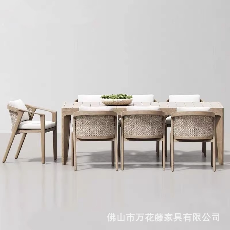 Mesas y sillas al aire libre de ocio nórdico personalizadas combinación de patio de villa al aire libre jardín impermeable muebles de madera maciza mesa de comedor silla de mimbre