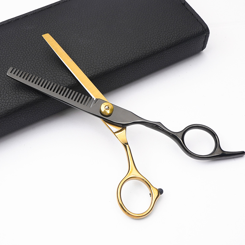 Forbici✂Forbici da parrucchiere a denti piatti in acciaio inossidabile nero e oro, set professionale per il taglio dei capelli_voghion.com