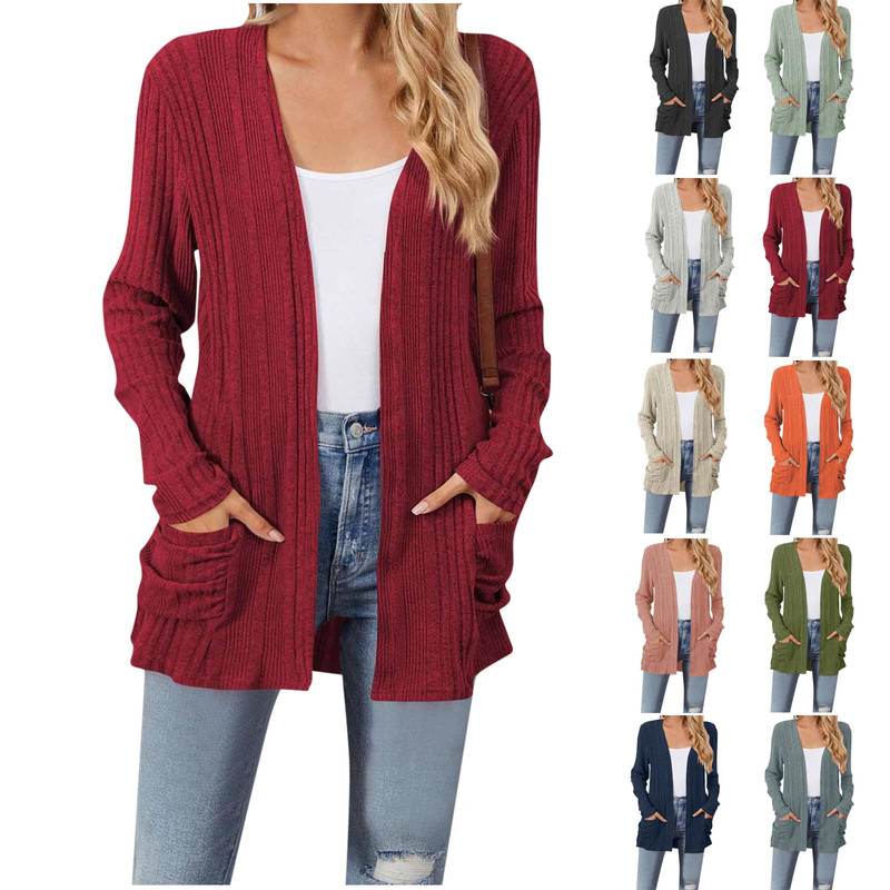 Amazon European and American Cross-Border Foreign Trade 2026 Autumn and Winter New Solid Color Pocket Long-Sleeve Base Cardigan Knitwear in Stock