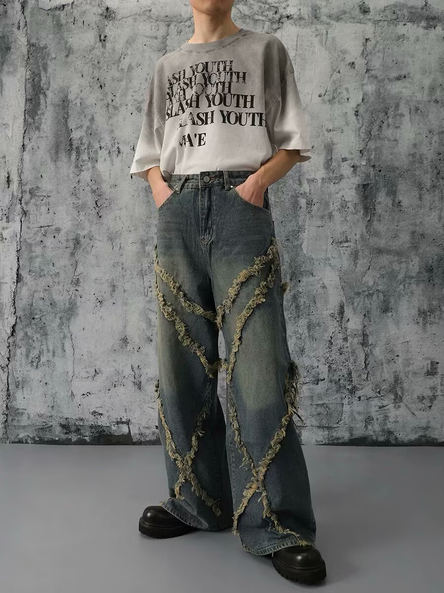 Unisex High Street Vintage Washed Distressed Patchwork Jeans Relaxed Wide Leg Straight Denim Pants for Men And Women_mkmklike.com