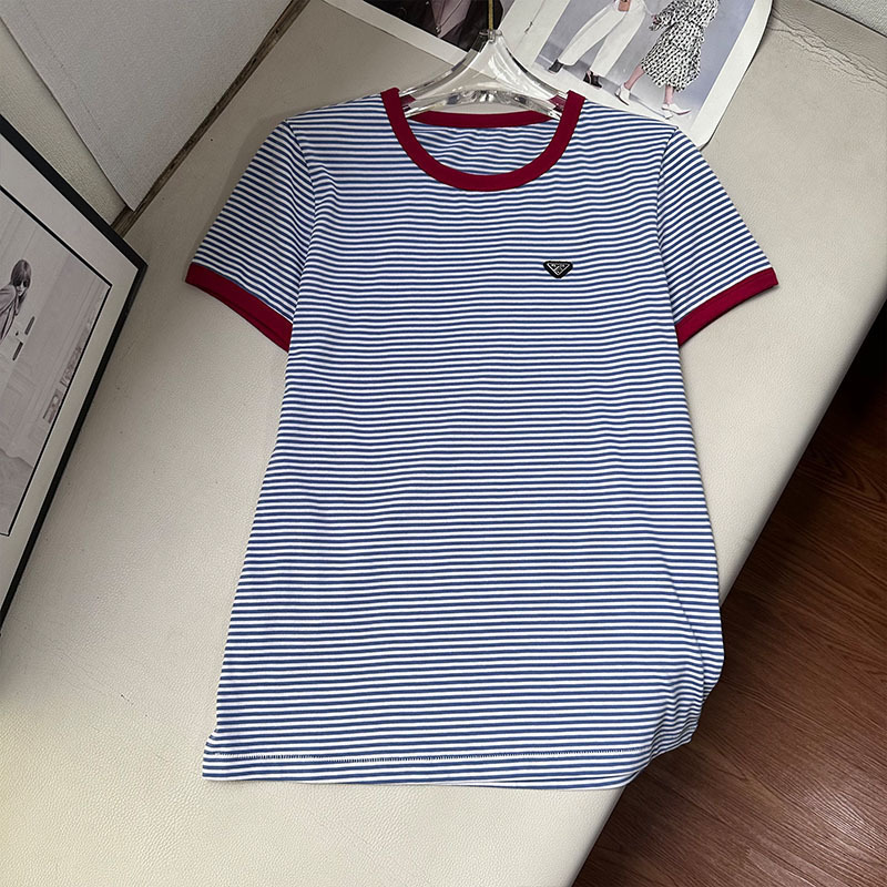 High-Quality P Brand Metal Label Custom Women's Fashion Simple Versatile Stylish Short-Sleeve Knit T-Shirt in Stock