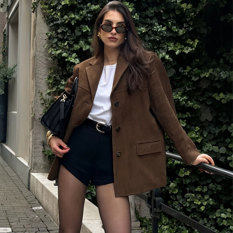 Cross-border autumn and winter fashion suede blazer, casual loose classic top, women's jacket in stock Cross-border autumn and winter fashion suede blazer, casual loose classic top, women's jacket in stock