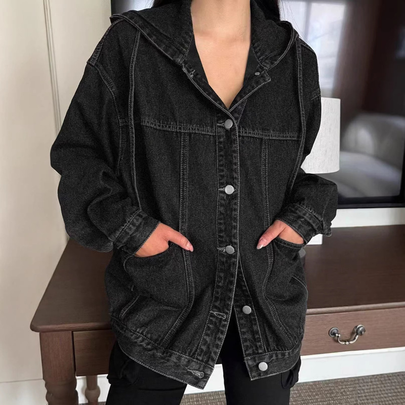 Cross-Border European and American Early Spring New Fashion Black Denim Jacket for Women, Women's Retro Casual Hooded Denim Jacket Cross-Border European and American Early Spring New Fashion Black Denim Jacket for Women, Women's Retro Casual Hooded Denim Jacket