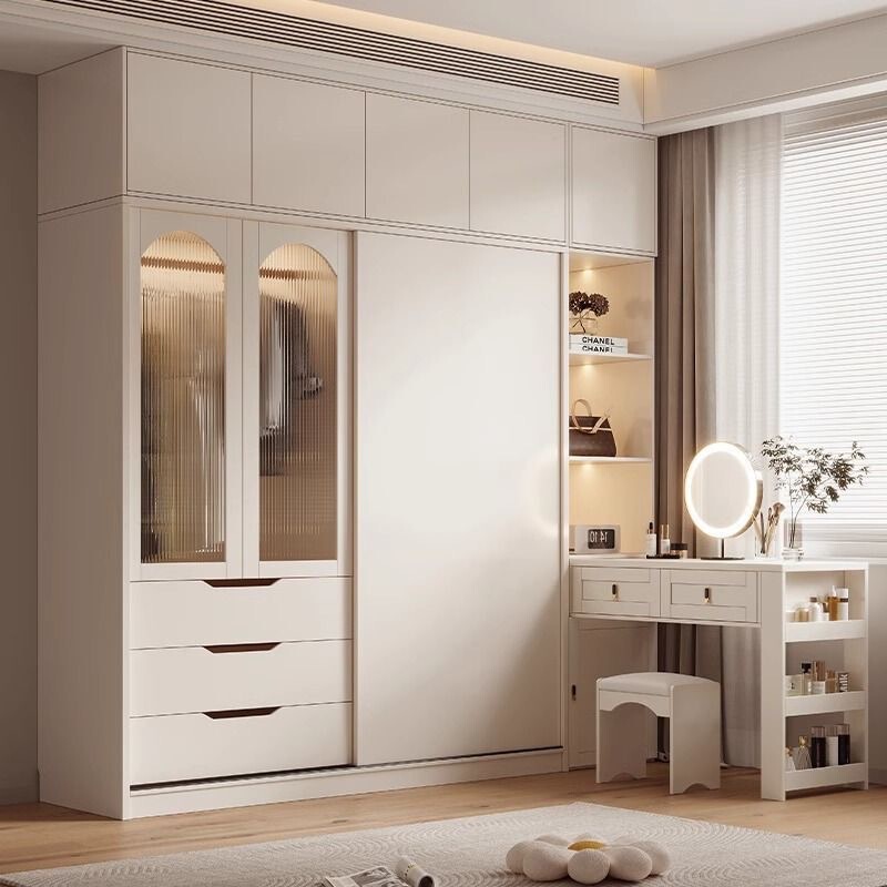 Cream-Colored Wardrobe with Integrated Desk and Dressing Table, Suitable for Home Use in Bedrooms of Various Sizes, Made of Solid Wood with Sliding Doors Cream-Colored Wardrobe with Integrated Desk and Dressing Table, Suitable for Home Use in Bedrooms of Various Sizes, Made of Solid Wood with Sliding Doors