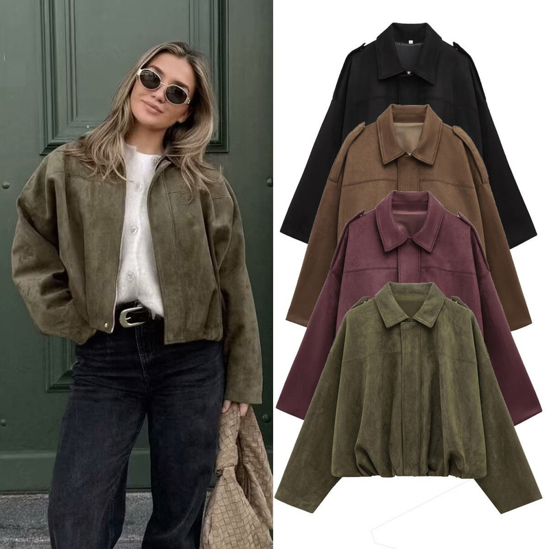 2025 Autumn and Winter European and American Bomber Jacket Bat Sleeve Zipper Loose Suede Texture Jacket Women's Casual Top Now