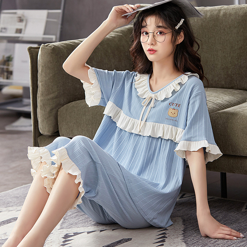 New Sweet Cute Short-sleeved Cropped Pants Women's Pajamas Summer Cotton plus size Loose Casual Home Clothes suit