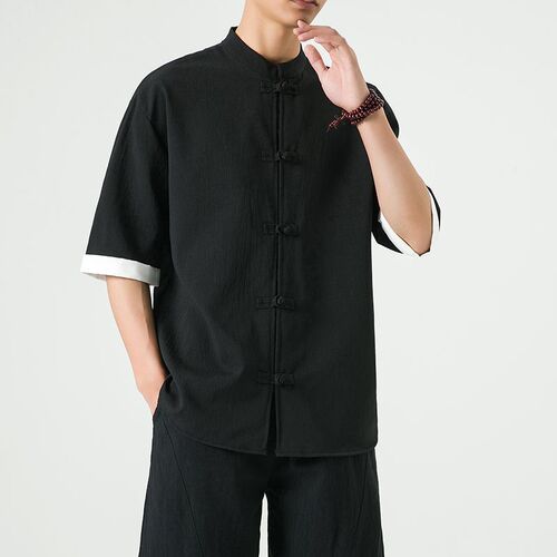 Summer Chinese-style menswear linen buttoned short-sleeve shirt mens five-sleeve Tang suit ancient style cotton linen Hanfu Zhongshan suit