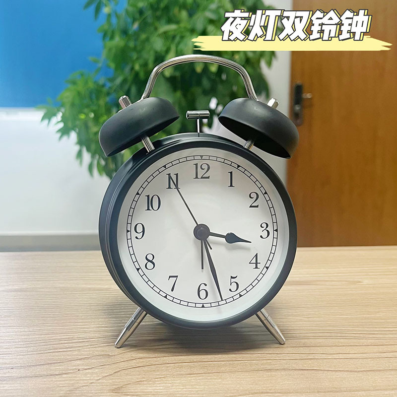 跨境批发现代打铃钟4寸双铃钟学生夜灯闹钟儿童静音钟表装饰风格