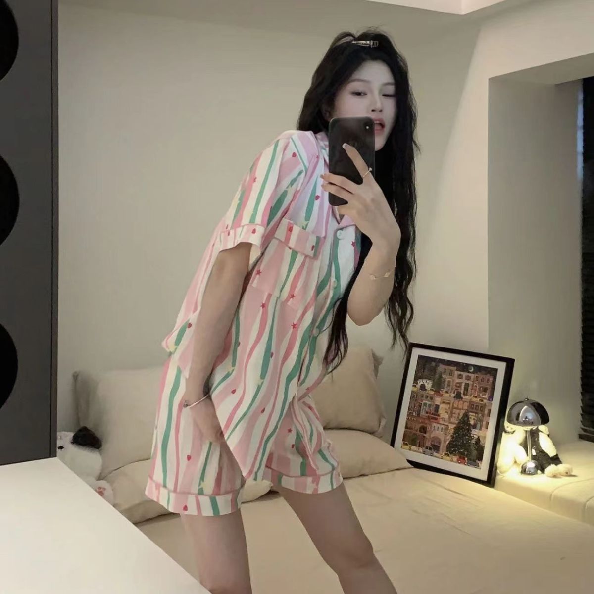 Verano nuevo pijama de pareja escuela suelta delgada pantalones cortos de mangas cortas dos piezas set de algodón nubes ropa para el hogar